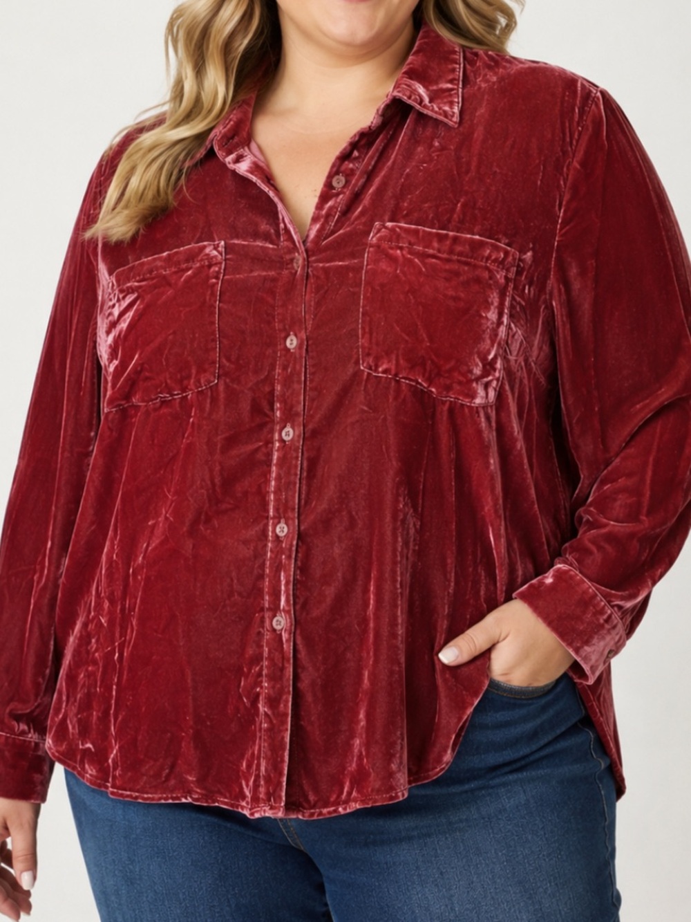 Torrid Size 1 1X Syrah Cranberry Velvet Button Down Shirt Blouse Long Sleeve
